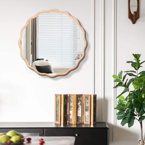 Unbranded Natural 31.1 in. W Wavy Round Solid Wood Wall Mirror Decor for Bathroom, Bedroom, Living Room, Cloakroom, Entryway