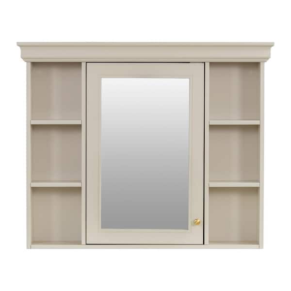 COWLOWN 35.51 in. W x 5.90 in. D x 28.74 in. H Bathroom Storage Wall Cabinet in Cream with Mirror Door and 6 Open Shelves