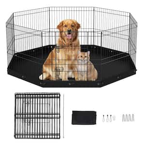 24" H 8 Panels Foldable Metal Dog Exercise Pen with Bottom Pad Pet Fence with Ground Stakes