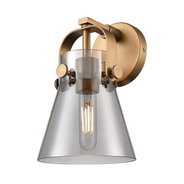 Innovations Pilaster II Cone 6.5 in. 1-Light Brushed Brass Wall Sconce with Glass Shade