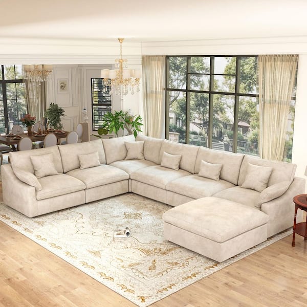 155.9 in. Square Arm 7-Piece Linen Down Modular Free Combination Sectional Sofa with Ottoman, Removable Covers in Brown