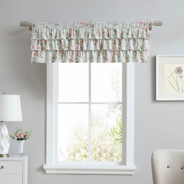Laura Ashley Madelynn 50 in. L x 18 in. W Ruffled Floral Cotton Pole Top Valance in Light Blue
