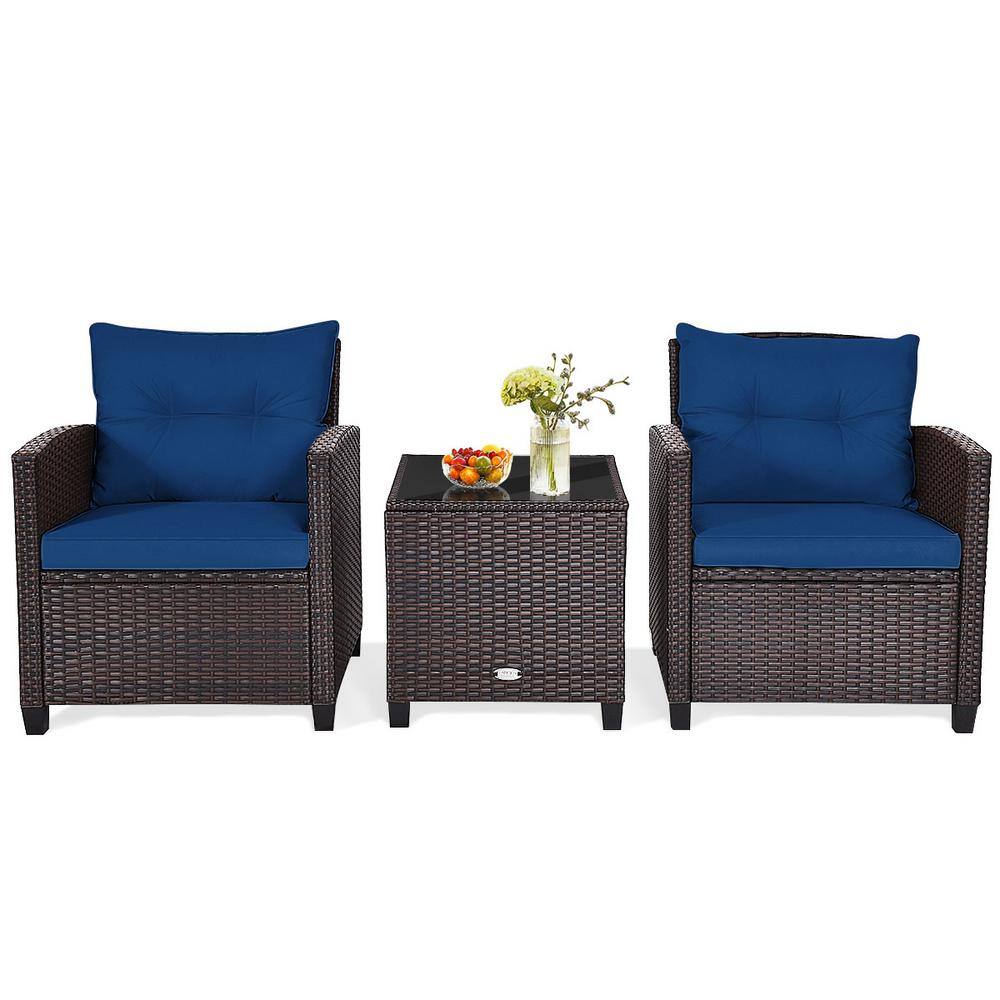 3-Piece Navy Cushioned Brown Steel Rattan Patio Set