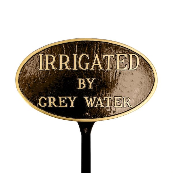 Montague Metal Products 8.5 in. x 13 in. Standard Oval Irrigated By Grey Water Statement Plaque Sign with Lawn Stake - Oil Rubbed/Gold