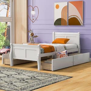 White Wood Frame Twin Size Platform Bed with 4 Storage Drawers on Each Side