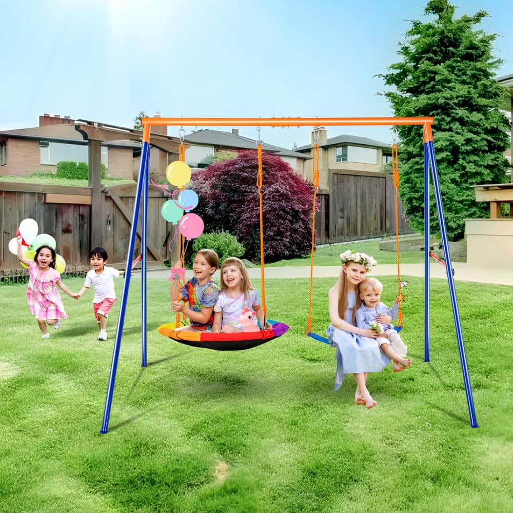 Colorful Metal A-Frame Swing Set with Saucer and Belt Seats
