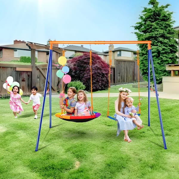 Swing Set for Backyard Metal Outdoor Swing Set w/ 1 Saucer and 1 Belt Swing Seat 440 lbs. Load Capacity Heavy Duty Stand