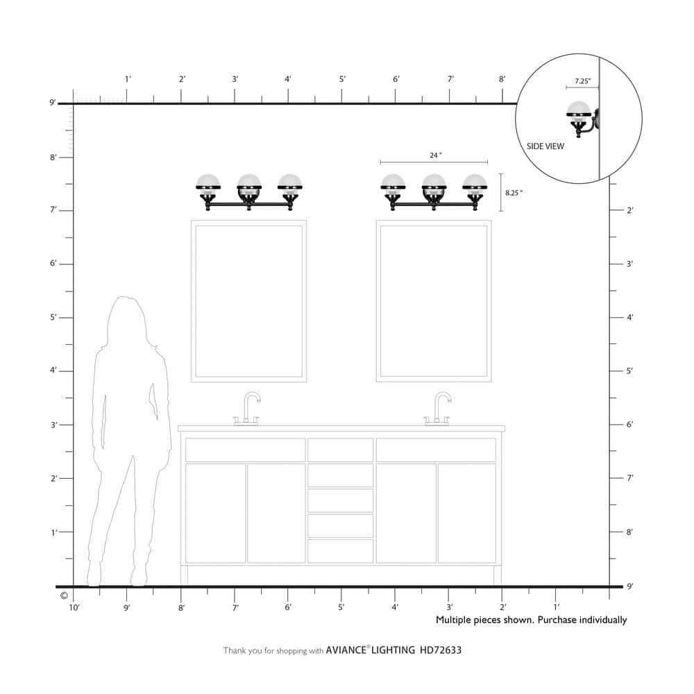 Polished Black Chrome 3-Light Vanity with Hand Blown Clear Glass