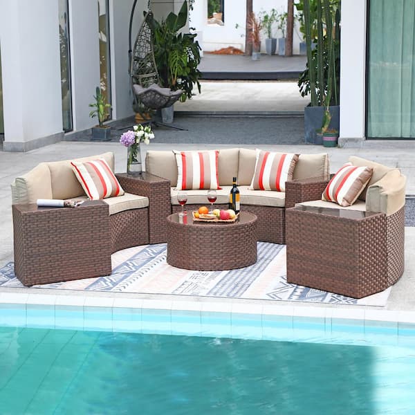 11-Piece Wicker Brown Half Moon Outdoor Conversation Patio Sectional Sofa Set with Beige Cushions