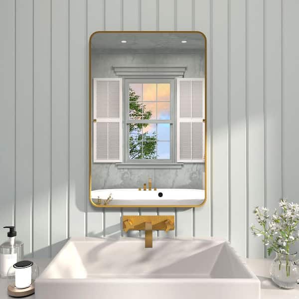 TaiMei 24 in. W x 36 in. H Rectangular Framed Wall Bathroom Vanity Mirror in Gold