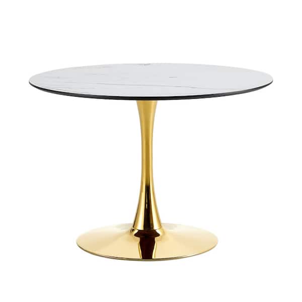 Zeus & Ruta 42 in. x 42 in. x 29 in. White Round Dining Table, Kitchen Table with Golden Leg for Kitchen Dining Room