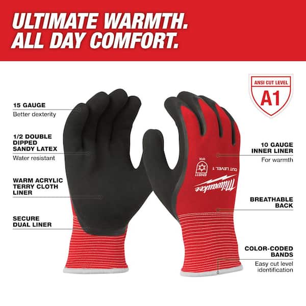 Large Red Latex Level 1 Cut Resistant Insulated Winter Dipped Work Gloves (2-Pack)