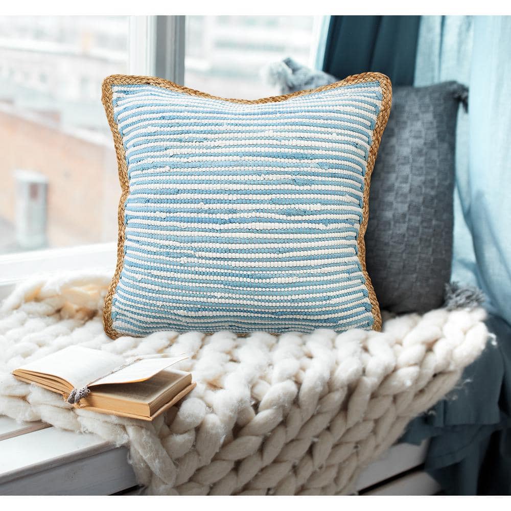 Set of 2 Blue and White Cotton Blend Square Throw Pillows