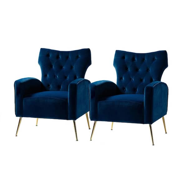 JAYDEN CREATION Brion Navy Velvet Wingback Chair with Tufted Cushions (Set of 2)