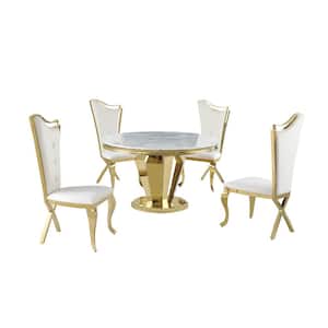 Crownie Cream/Gold Faux Marble Round Dining Set (5-piece)