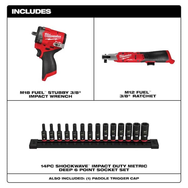 M12 FUEL 12V Lithium-Ion Brushless Cordless Stubby 3/8 in. Impact Wrench, 3/8 in. Cordless Ratchet and Socket Set