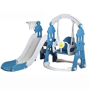 Dark Blue 4-in-1 Playset Toddler Slide and Swing Set Climber Set with Basketball Hoop, Kids Gift