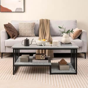 43 in. Gray Rectangle Faux Marble Coffee Table 2-Tier Center Table with Open Storage Shelf