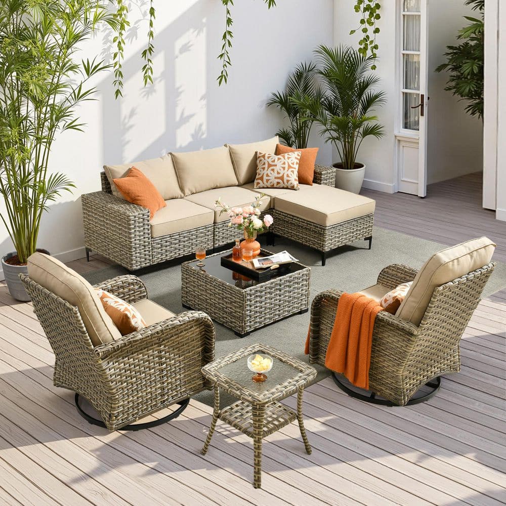 8-Piece Gray Wicker Outdoor Patio Conversation Seating Sofa Set with Beige Cushion and Swivel Chairs for Backyard