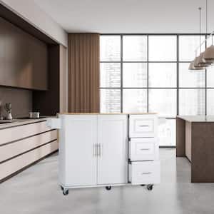 White Rubber Wood 53.93 in. Kitchen Island with Drop Leaf Top, 3 Drawers, Adjustable Shelves and Spice Rack