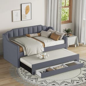 Channel-Tufted Gray Wood Frame Twin Size Linen Upholstered Daybed with Twin Size Trundle and 3-Drawer