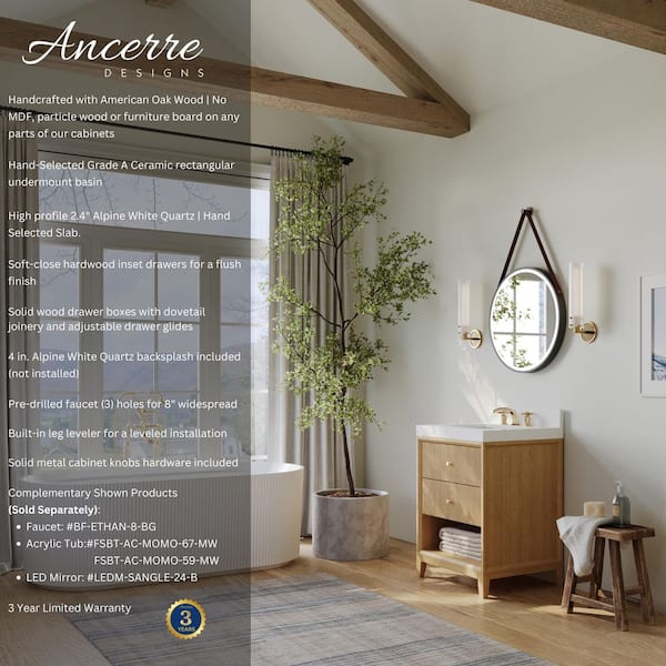 Momo 24 in. W Single Sink Freestanding Bath Vanity in American Oak with Alpines White Quartz Top