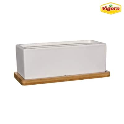Nipp Medium White Ceramic Rectangle Planter with Attached Tray (9 in. L x 8.5 in. W x 3.4 in. H)