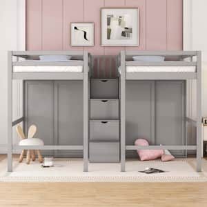 Double Twin Loft Beds with Wardrobes and Staircase, Gray