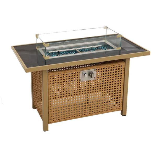 Tenleaf 43 in. Propane Gas Wicker Fire Pit Table with Glass Wind Guard, Metal Cover Lid