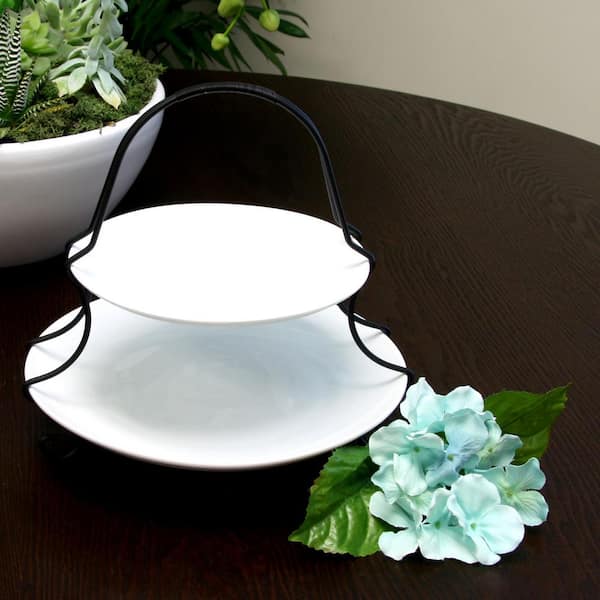 Gracious Dining 3-Piece White Porcelain 2-Tiered Serving Set with Metal Rack