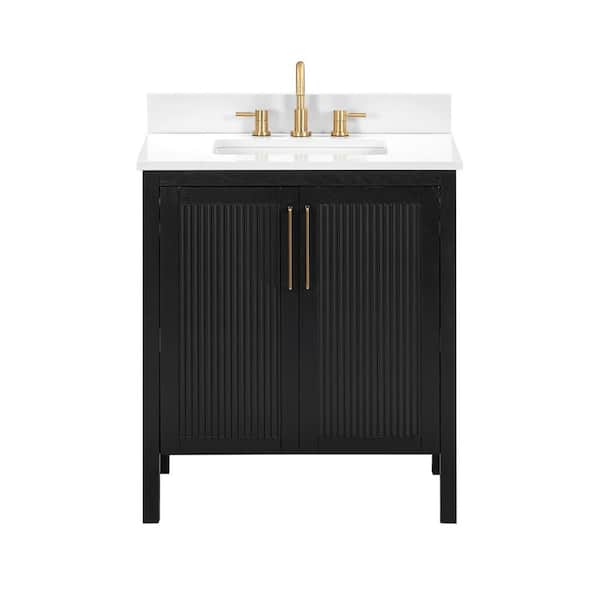 Luka 31 in. Single Sink Black Oak Bath Vanity with White Engineered Stone Top