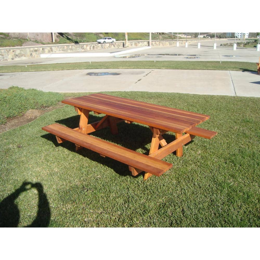 96" Medium Brown Redwood Picnic Table with Attached Benches