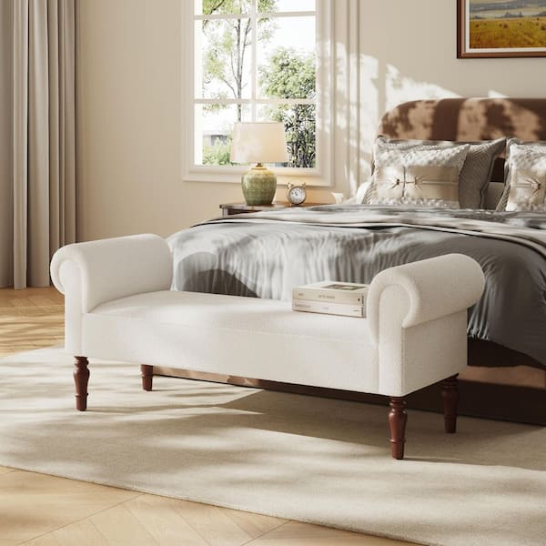 Gravine French 59 in. White Teddy Fabric Upholstered Ottoman Entryway Bedroom Bench with Rolled Arms
