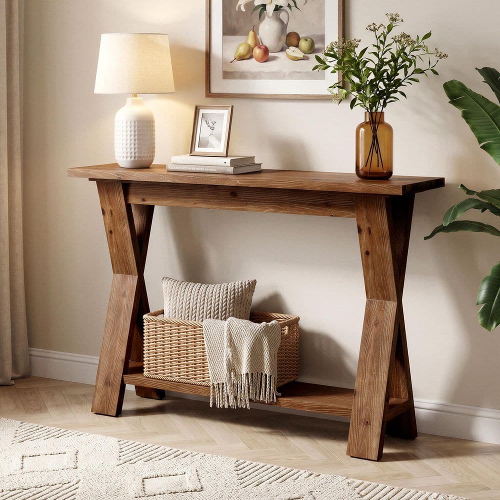 41.3 in. Brown Rectangle Solid Wood Console Table with X-Shaped Legs, Farmhouse Entryway Sofa Table with Storage Shelf price history on PriceWatchPro