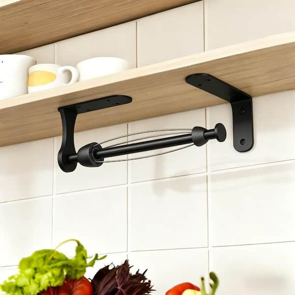11.65 in. Wall Mount Paper Towel Holder Under Cabinet with Ratchet Mechanism for Kitchen Bathroom Farmhouse, Black