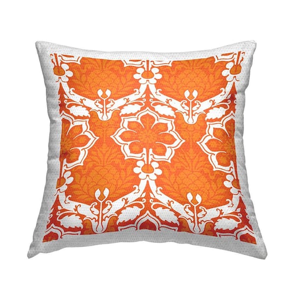Orange White Damask Pattern Orange Square Outdoor Throw Pillow