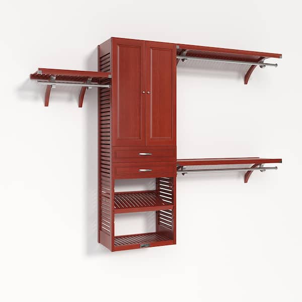 72 in. W - 120 in. W Red Mahogany Walk in with 2 Drawers and Wood Door 16 in. Shelf Wood Closet System