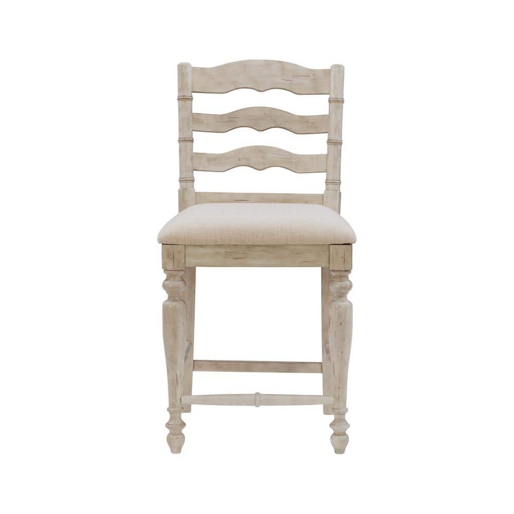 Elegant Marino 24" White Washed Wood Counter Stool with Linen Seat
