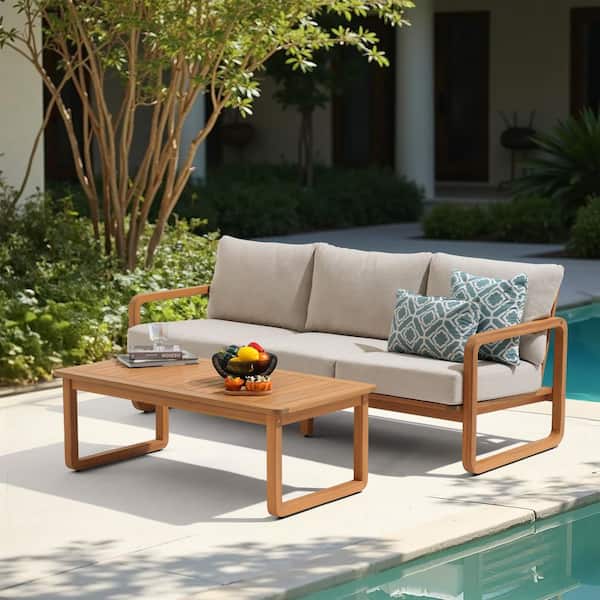 Wood Patio Furniture Set, 2 PCS Conversation Set, All Weather Outdoor 3-Seat Sofa Set w/Coffee Table with Beige Cushion