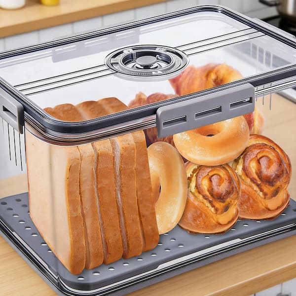 1 Piece Large Time Recording Bread Box with Airtight Lid for Homemade Bread, Toast, Bagel, Donut and Cookies, Grey