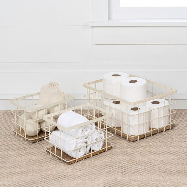 Evvie Beige/Natural 15 in. x 7.25 in. Handmade Wire Metal Nesting Storage Decorative Baskets with Wood Base Set of 3