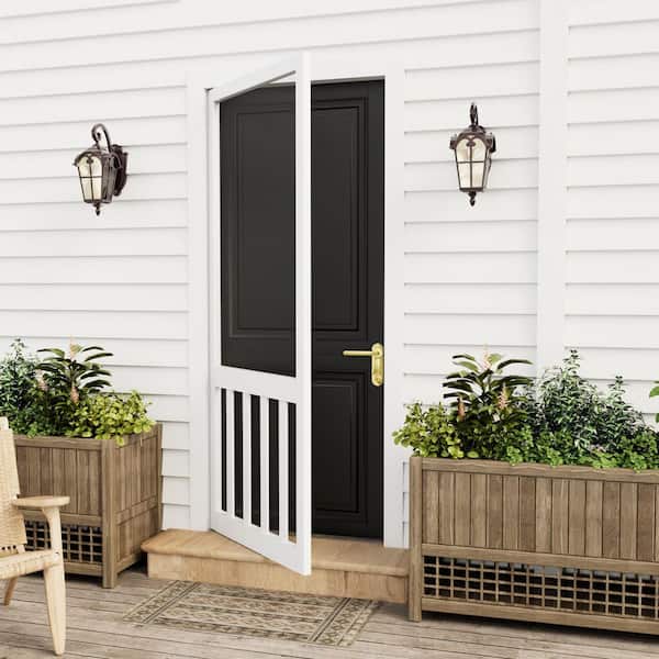 32 in. x 80 in. Universal Primed White Solid Pine Wood Vertical Slat Screen Door Classic 5-Bar Gauze Mesh Hinged Door