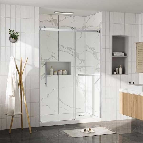 56 in. to 60 in. x 76 in. Semi-Frameless Sliding Shower Door in Brushed Nickel with ASIN Certified Tempered Glass