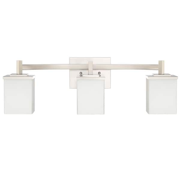 TRIBESIGNS WAY TO ORIGIN Salome 24.25 in. 3-Lights Modern Contemporary Brushed Nickel Bathroom Vanity Lights with Square Shape Opal Glass Shade