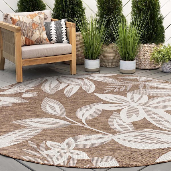 Eco Floral Brown 6 ft. Round Indoor/Outdoor Area Rug