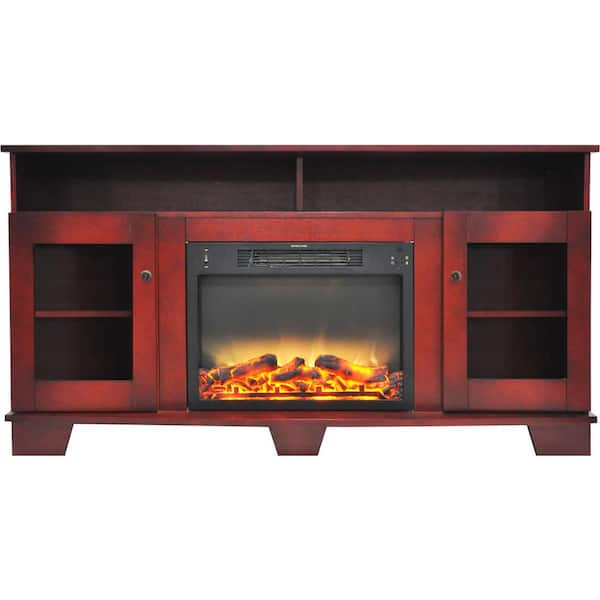 Hanover Glenwood 59 in. Electric Fireplace in Cherry with Entertainment Stand and Enhanced Log Display