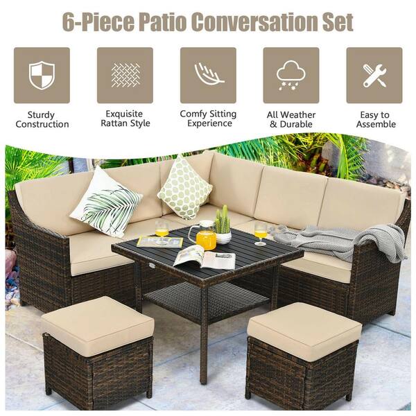 FORCLOVER 6 Pieces Rattan Patio Dining Sofa Furniture Set with