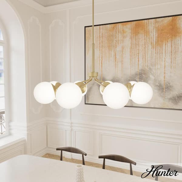 Hunter Hepburn 8-Light Modern Brass Branched Chandelier with Cased White Glass Shades