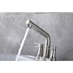 4 in. Centerset Double Handle Mid Arc Bathroom Faucet with Pull Out Sprayer and Retractable Hose in Brushed Nickel