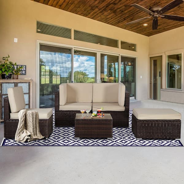 JUSKYS 5-Piece Wicker Patio Conversation Set with Tan Cushions and coffee table